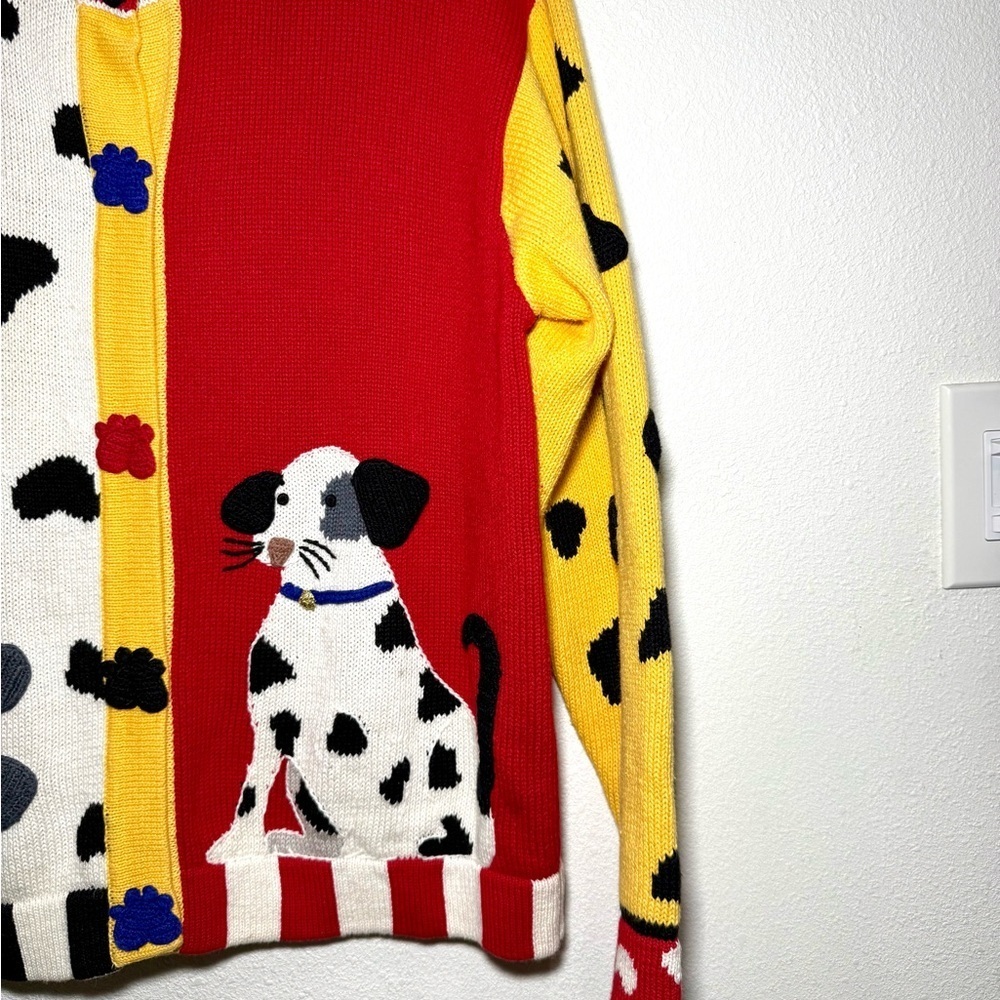 Vintage 90s Generra Dalmatian Dog Colorblock Chunky Knit Cardigan Sweater L - Picture 3 of 9